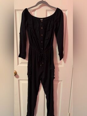 NWT Black 3/4-Sleeve Button-Front Jumpsuit with Drawstring Waist By FEATHERS NYC